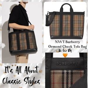 NWT Authentic Burberry Ormond Check Tote Archive Beige Travel Bag